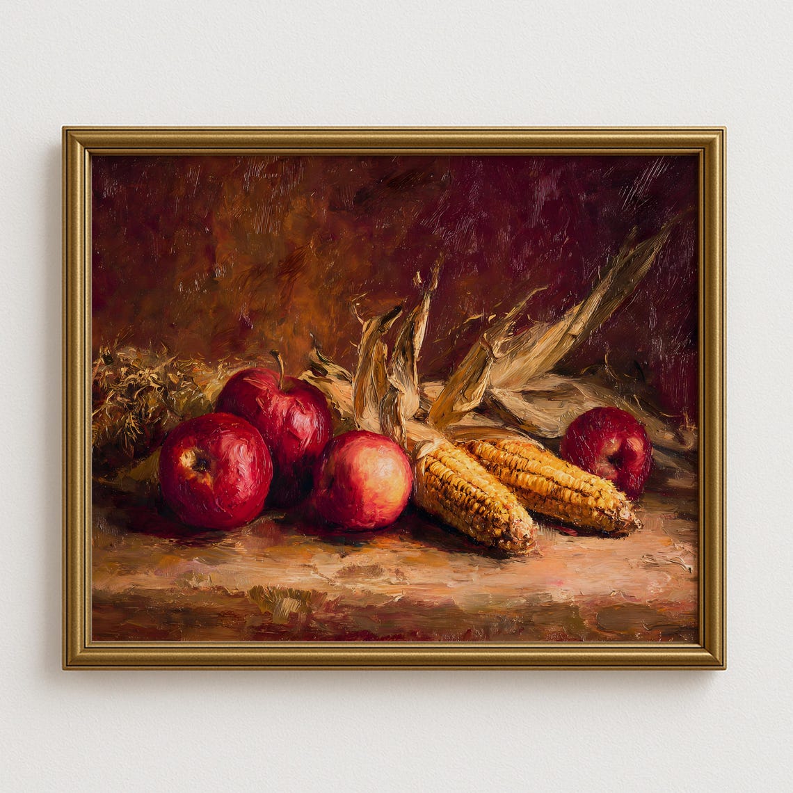 Red Apples And Corn Harvest Autumn Still Life Painting Wall Art