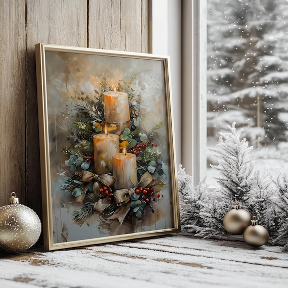 Christmas Candles With Pine Berries Festive Holiday Art Poster