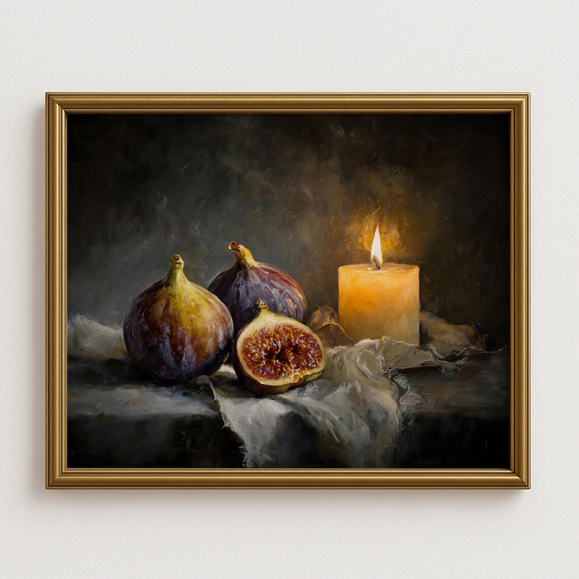Ripe Figs Lit Candle Dark Moody Fruit Still Life Kitchen Oil Painting Poster