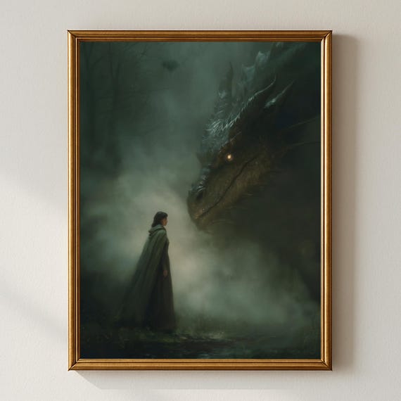 Fantasy Woman With Dragon Wall Art Dark Moody Forest Painting Mystical Medieval Artwork Gothic Decor