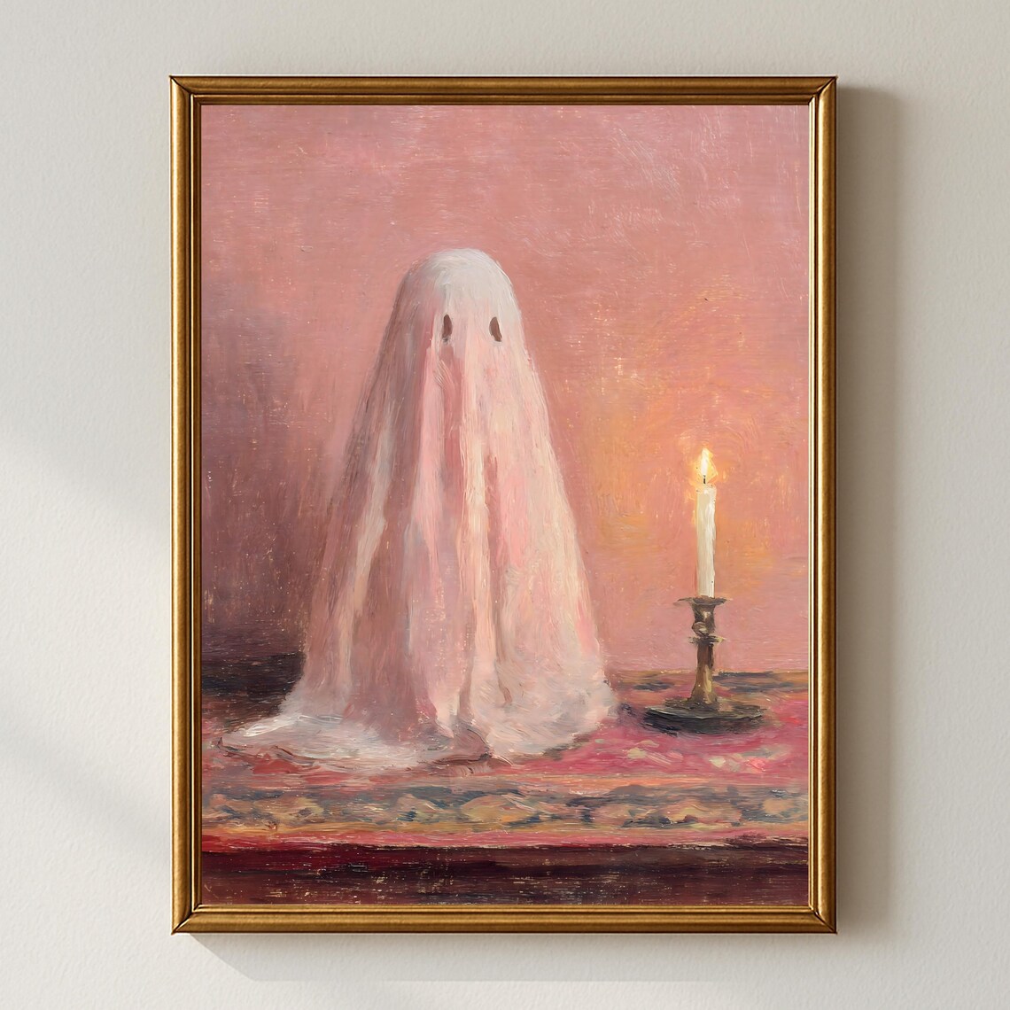 Pink Ghost with Candle Cozy Whimsical Halloween Pastel Art Poster