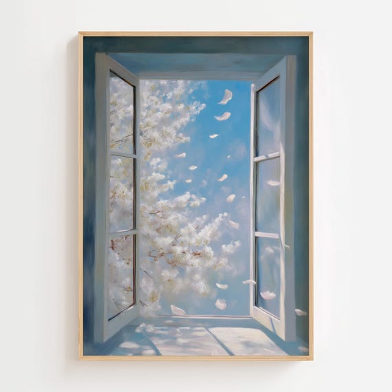 Cherry Blossom Wall Art Open Window View Painting Airy Spring Floral Print Pastel Petal Breeze Home Dcor