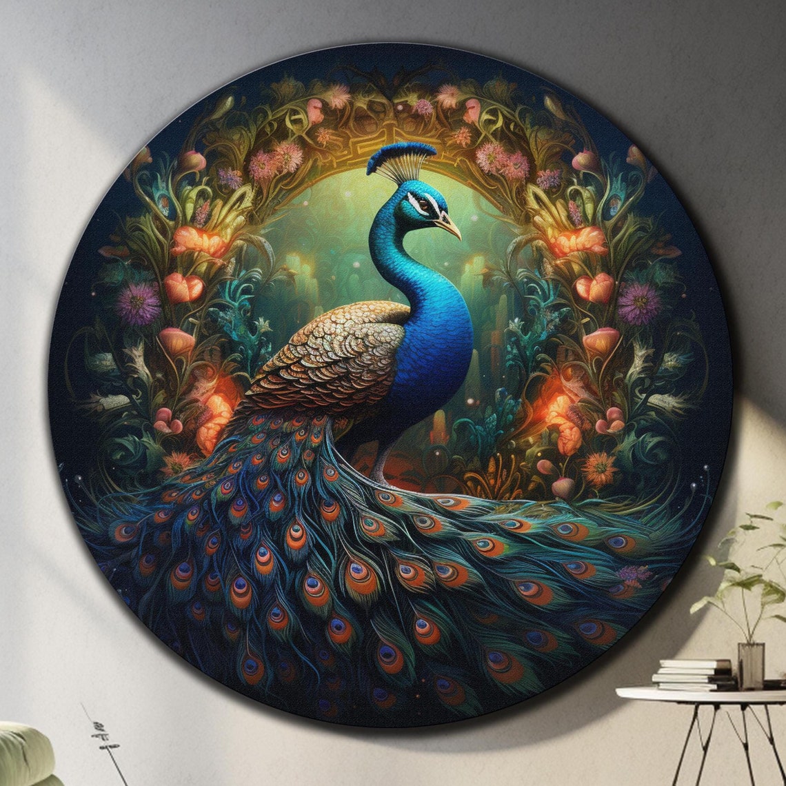 Peacock Night Garden Floral Arch Midnight Bloom Round Wall Art