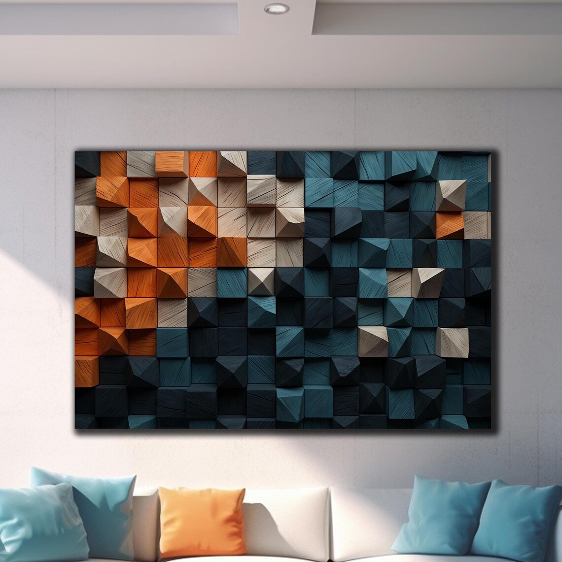 Navy Teal Orange Wood Faceted 3D Cube Block Mosaic Modern Wall Art