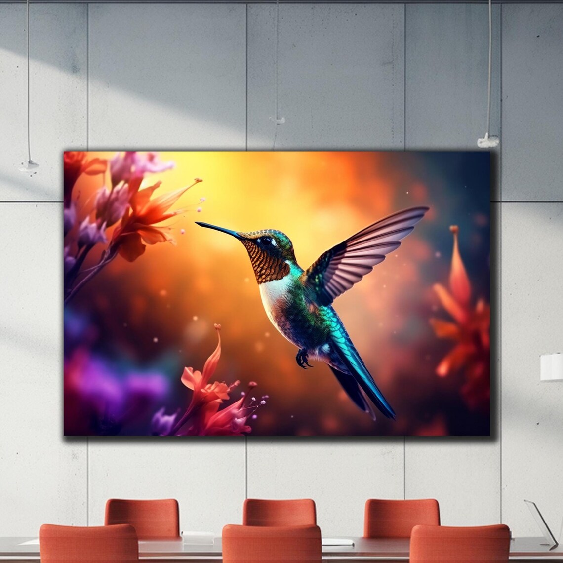 Iridescent Hummingbird Golden Sunset Orange Flowers Flight Poster