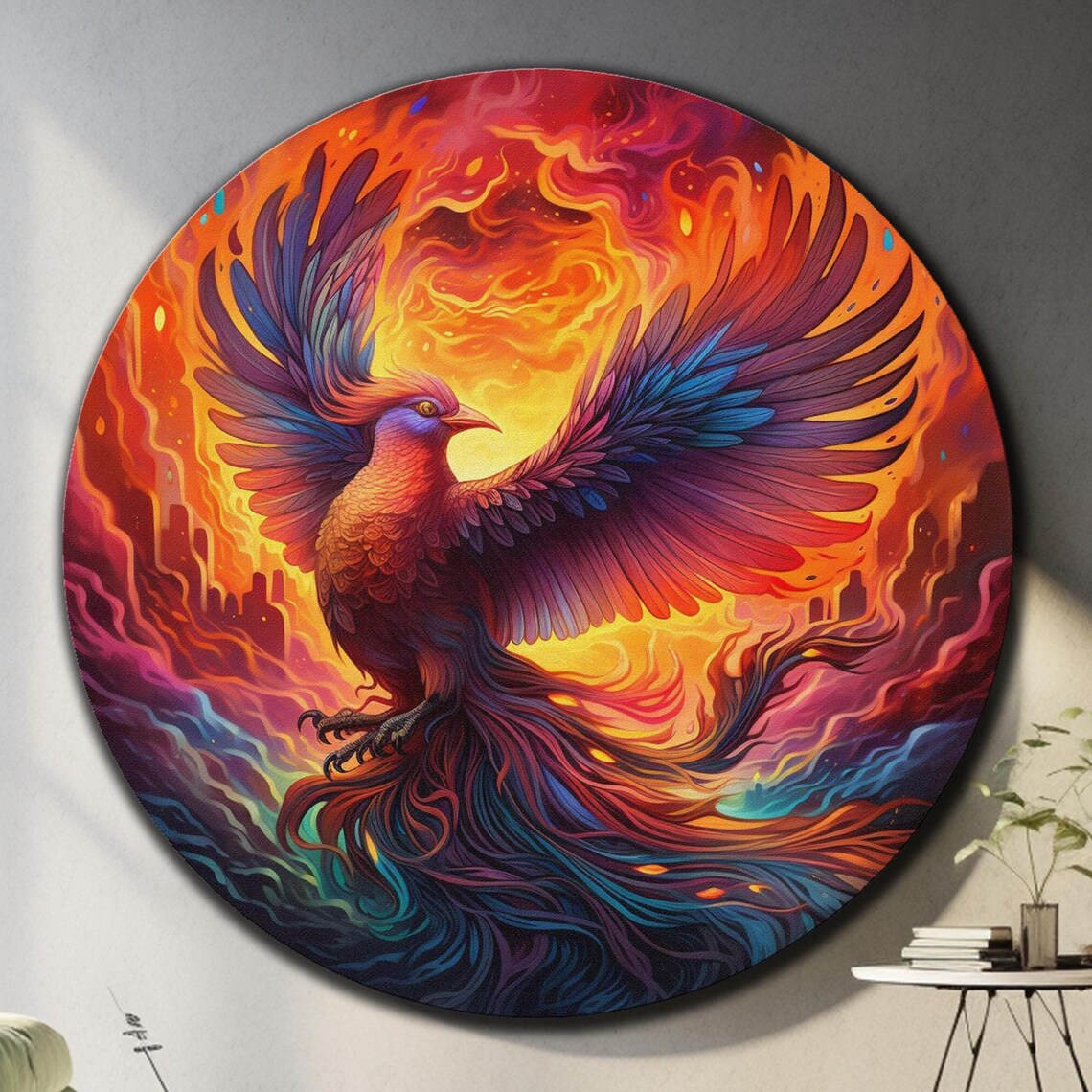 Majestic Phoenix Fire Bird Round Orange Flame Wall Art Poster