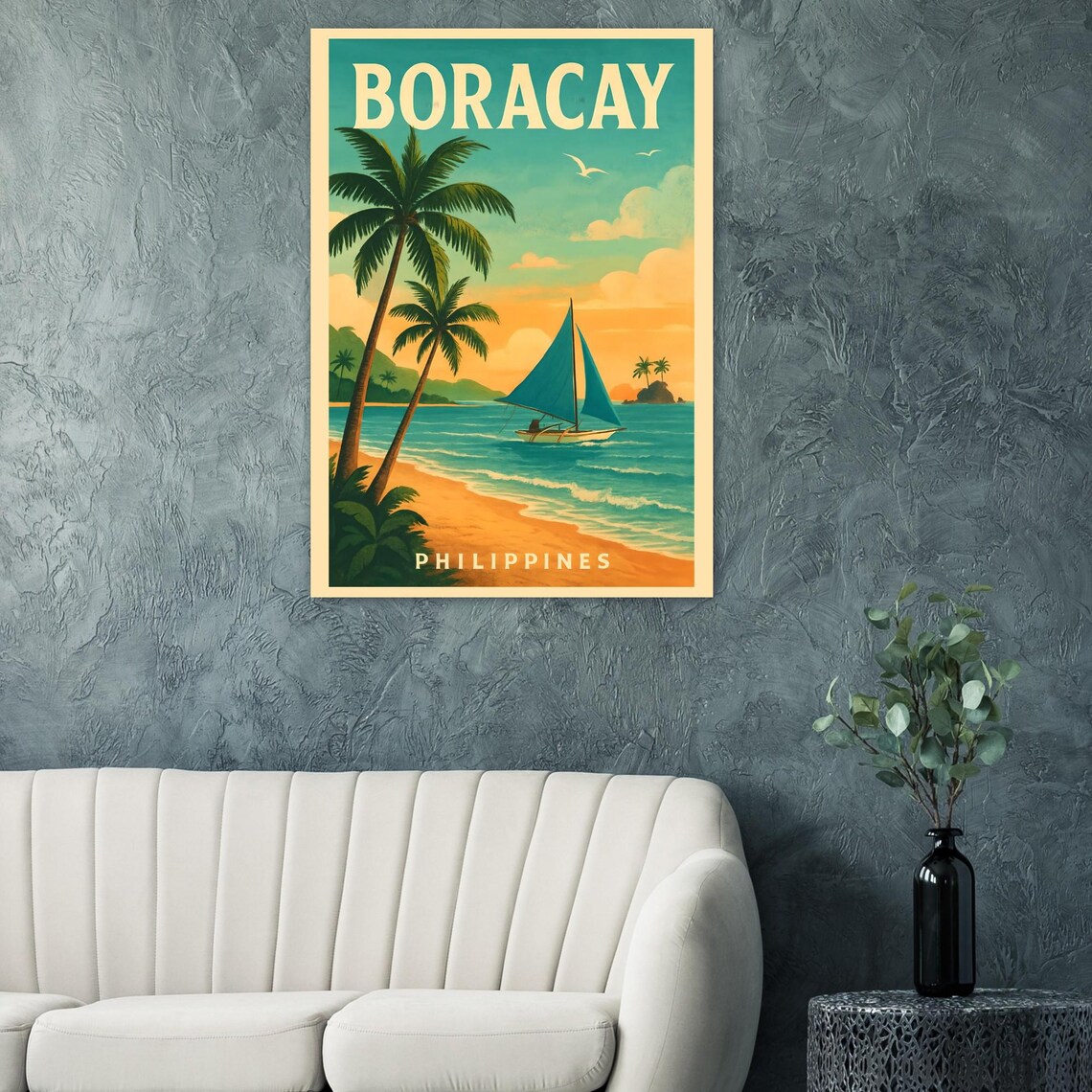 Boracay Philippines Vintage Travel Poster Tropical Beach Sailboat
