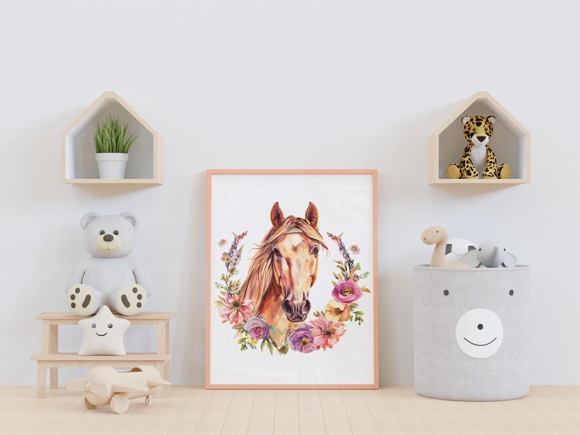 Chestnut Horse Portrait with Colorful Floral Wreath Nursery Poster
