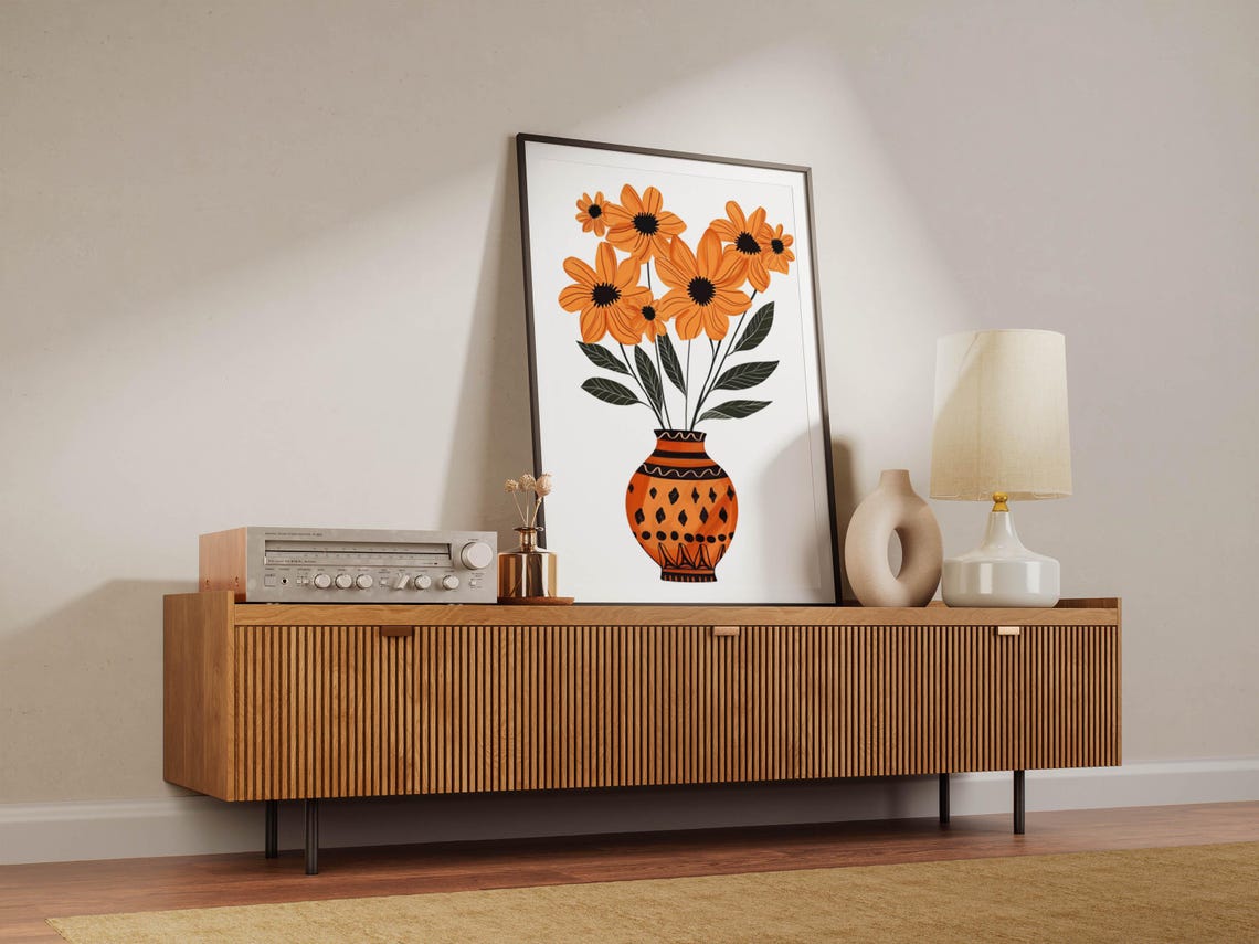 Bold Orange Daisies in a Patterned Terracotta Vase Boho Poster - Image 5