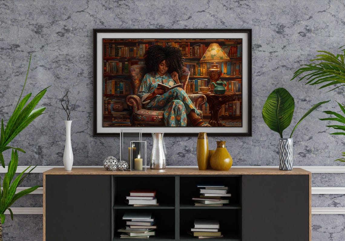 Woman Reading in Cozy Library Armchair Afrocentric Book Art Poster - Image 4