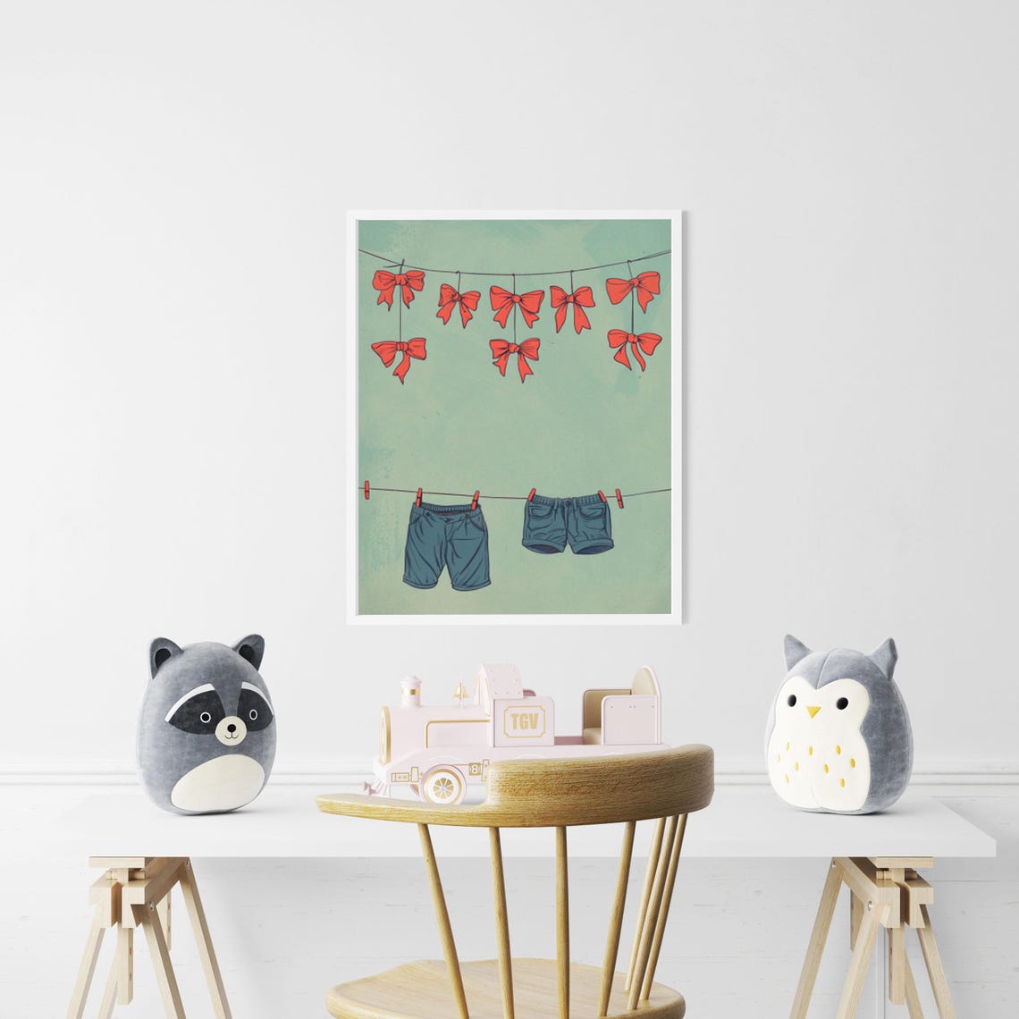 Red Bows and Denim Shorts Hanging on a Clothesline Kids Art Poster - Image 3