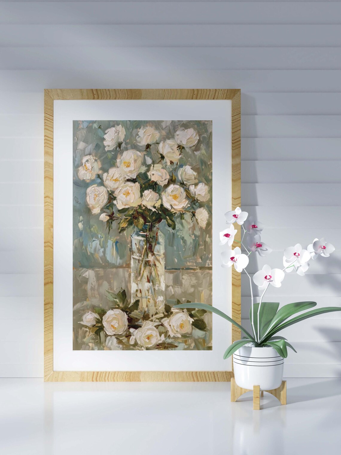 White Roses in Glass Vase Sunlit Floral Oil Painting Still Life Poster - Image 6