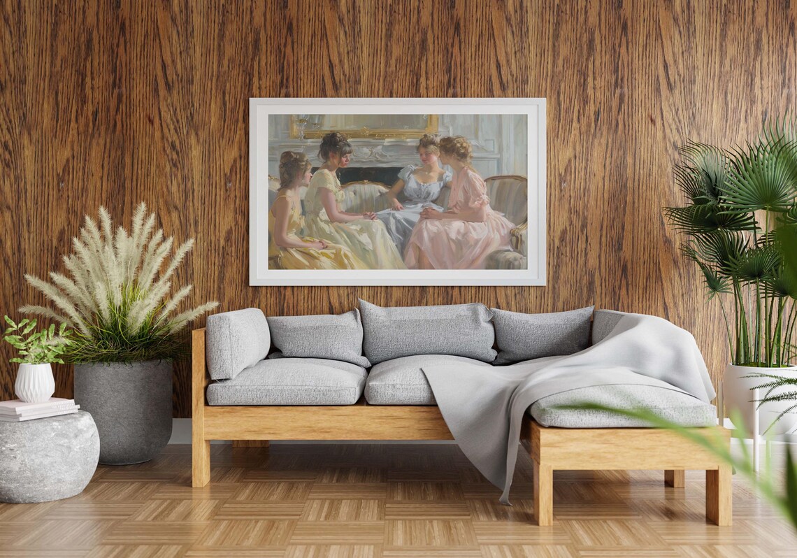 Four Young Women Chatting by the Fireplace in Soft Pastel Oil Poster - Image 4