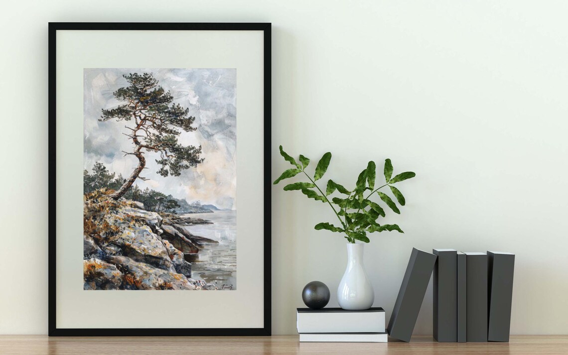 Cliffside Pine Painting, Minimalist Tree Portrait - Image 2
