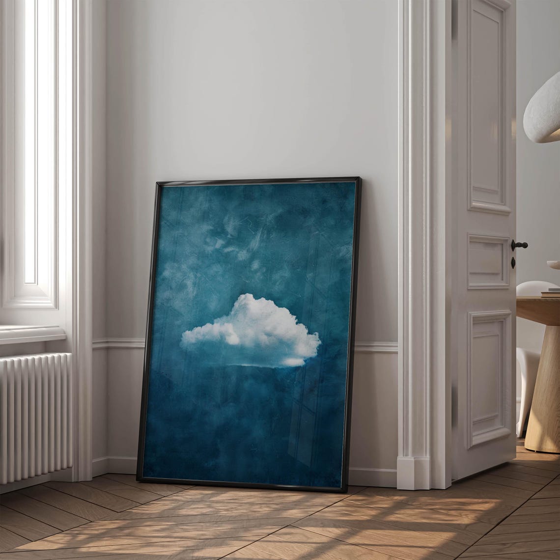 Lone White Cloud on Deep Teal Blue Sky Minimalist Art Poster - Image 4