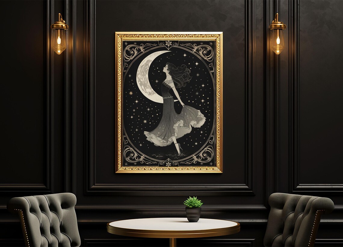 Moon Goddess in Flowing Gown Art Nouveau Crescent Moon Art Poster - Image 5