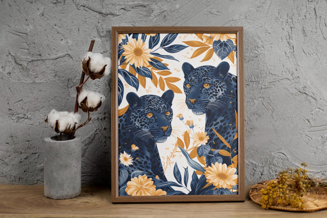 Two Blue Leopards Among Golden Daisies in Navy and Gold Poster - Image 3