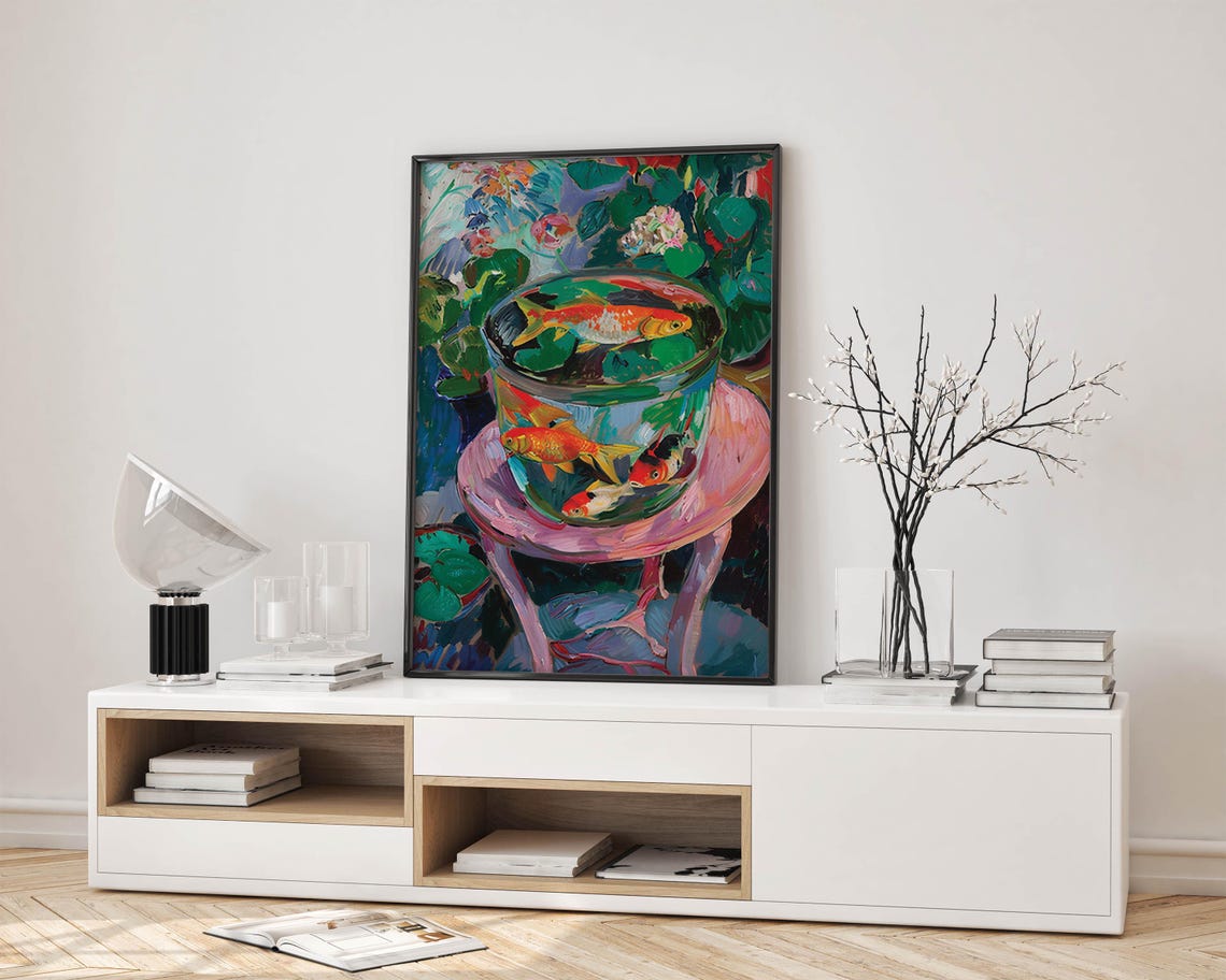 Goldfish in a Glass Fishbowl Surrounded by Flowers Art Poster - Image 3