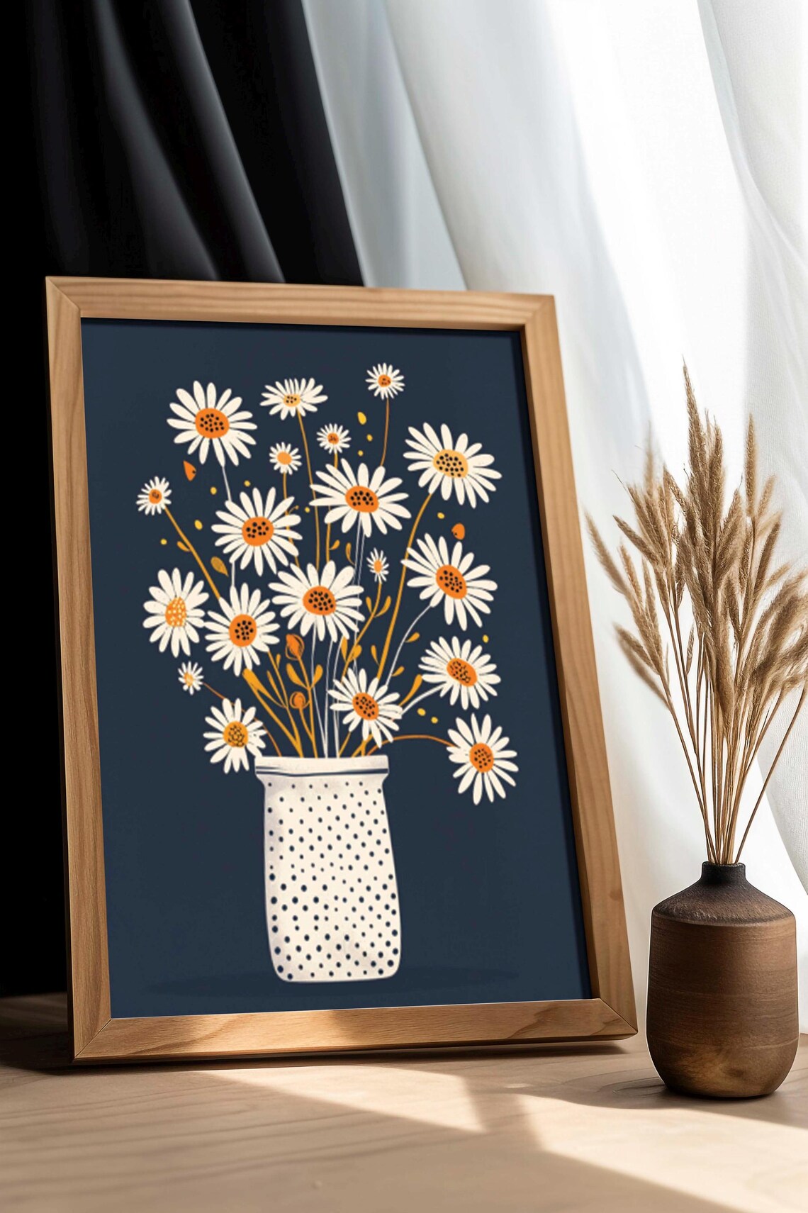 Chamomile Daisies in Polka-Dot Vase on Dark Navy Floral Poster - Image 6