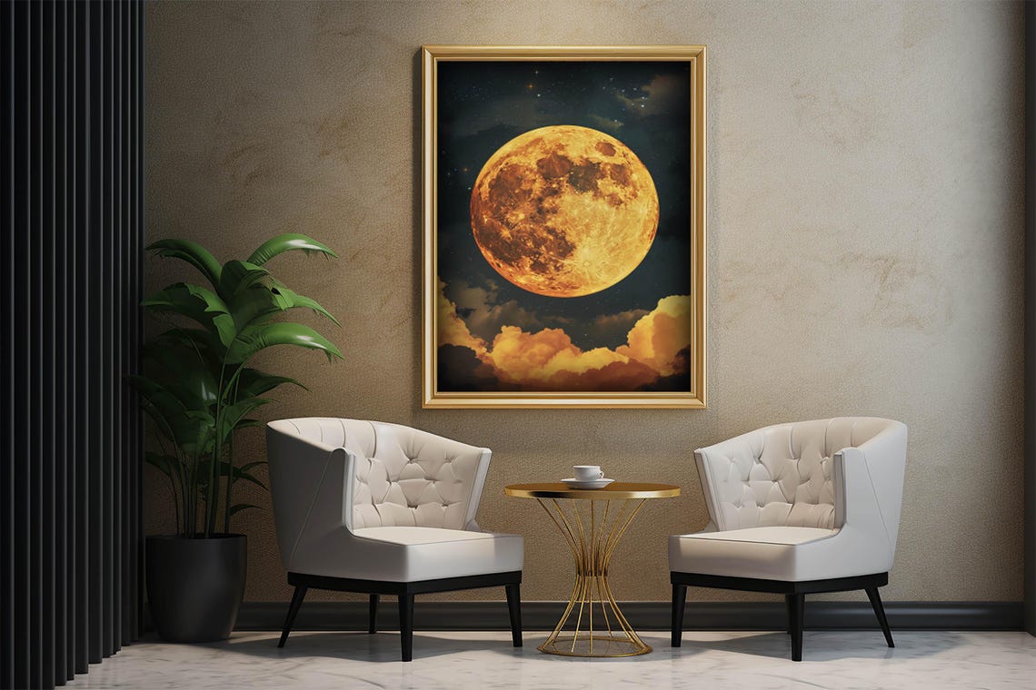 Huge Orange Full Moon Over Glowing Amber Clouds Night Art Poster - Image 4