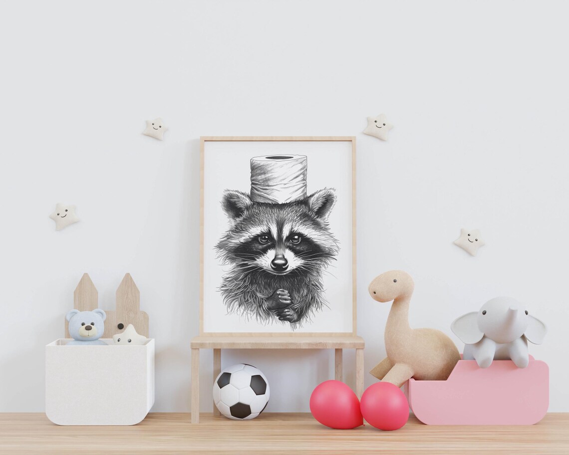 Funny Raccoon Portrait Wearing Toilet Paper Hat Monochrome Sketch Poster - Image 6