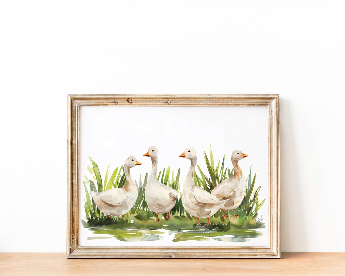 Four White Geese Standing Together in a Sunny Meadow Painting Poster