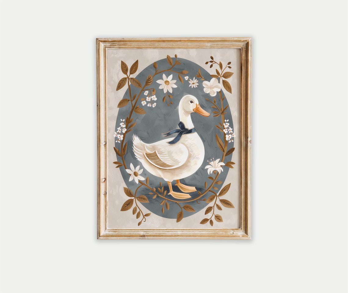 White Duck Wearing a Blue Ribbon in Vintage Oval Botanical Poster