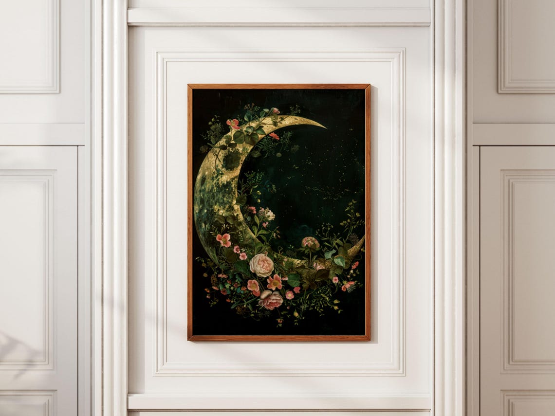 Golden Crescent Moon with Pink Flowers Dark Botanical Night Poster - Image 2