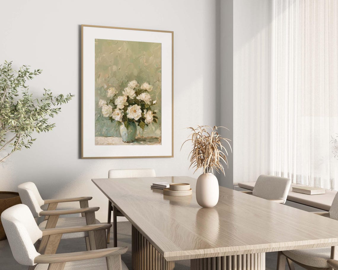 White Roses in a Green Vase Impressionist Oil Painting Poster - Image 5
