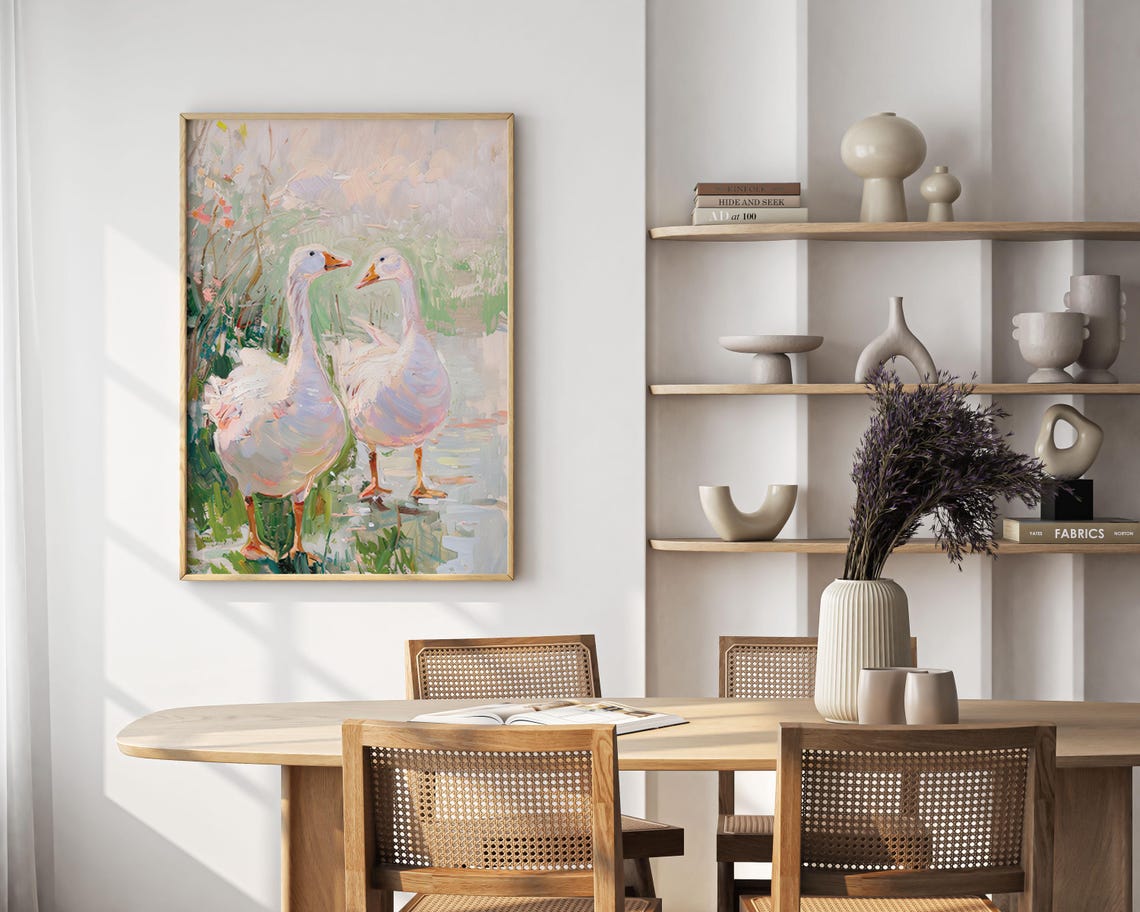 Two White Geese by the Water in Soft Pastel Impressionist Oil Poster - Image 4