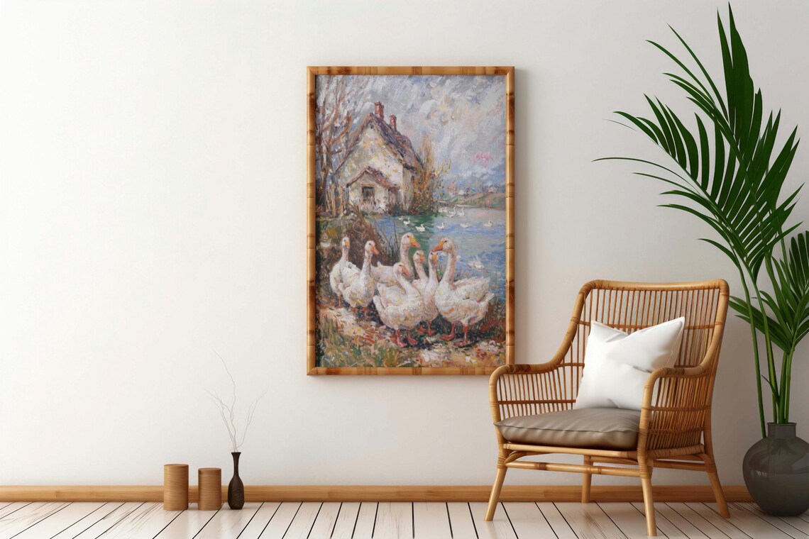 Flock of White Geese by a Cottage Pond in Impressionist Oil Poster - Image 4