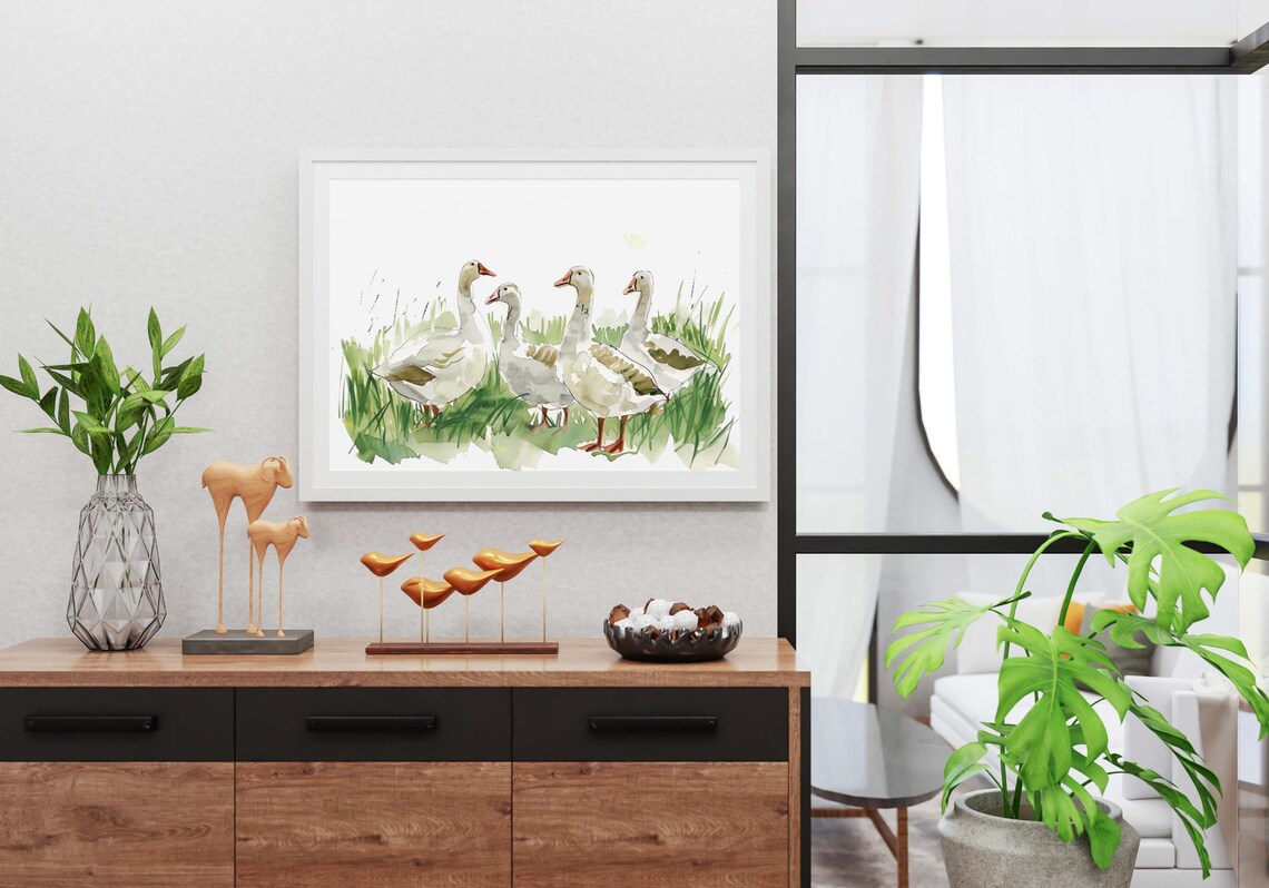 Four White Geese Wandering Through Tall Green Grass Painting Poster - Image 3