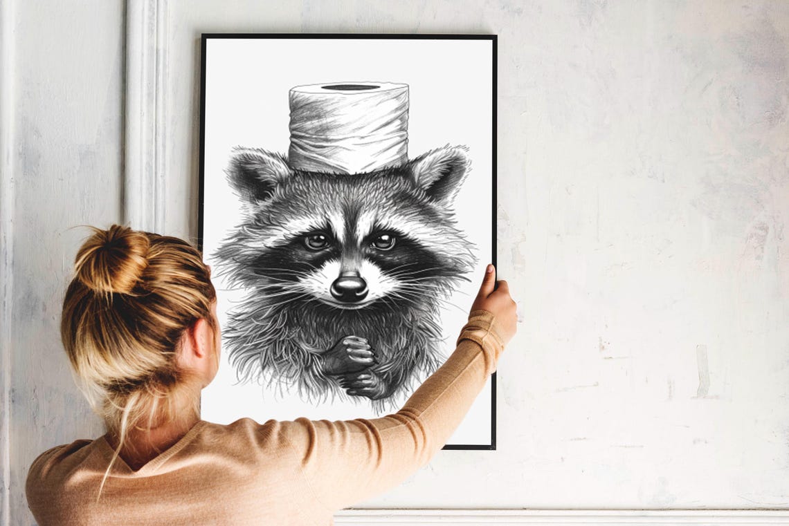 Raccoon Room Decor Raccoon Bathroom Portrait Funny Raccoon Painting Raccoon Rustic Poster Minimalist Raccoon Print Raccoon Gallery Art - Image 3