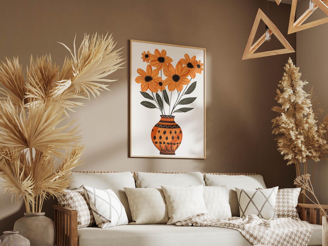Bold Orange Daisies in a Patterned Terracotta Vase Boho Poster - Image 3
