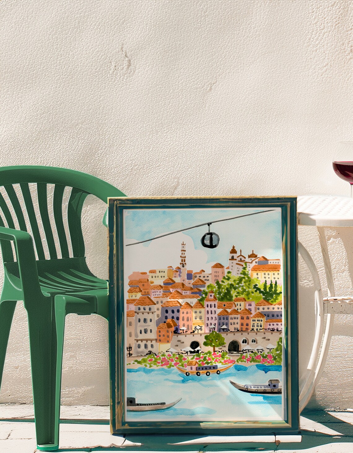 Porto Portugal Riverside Colorful Houses Cable Car Watercolor Poster - Image 2