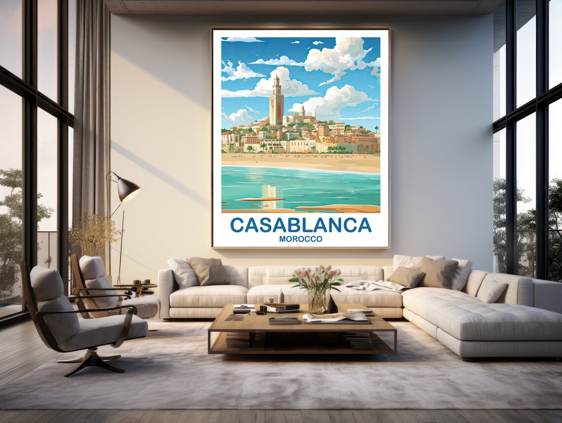 Casablanca Morocco Old Town Mosque Beach Sunny Travel Art Poster - Image 2