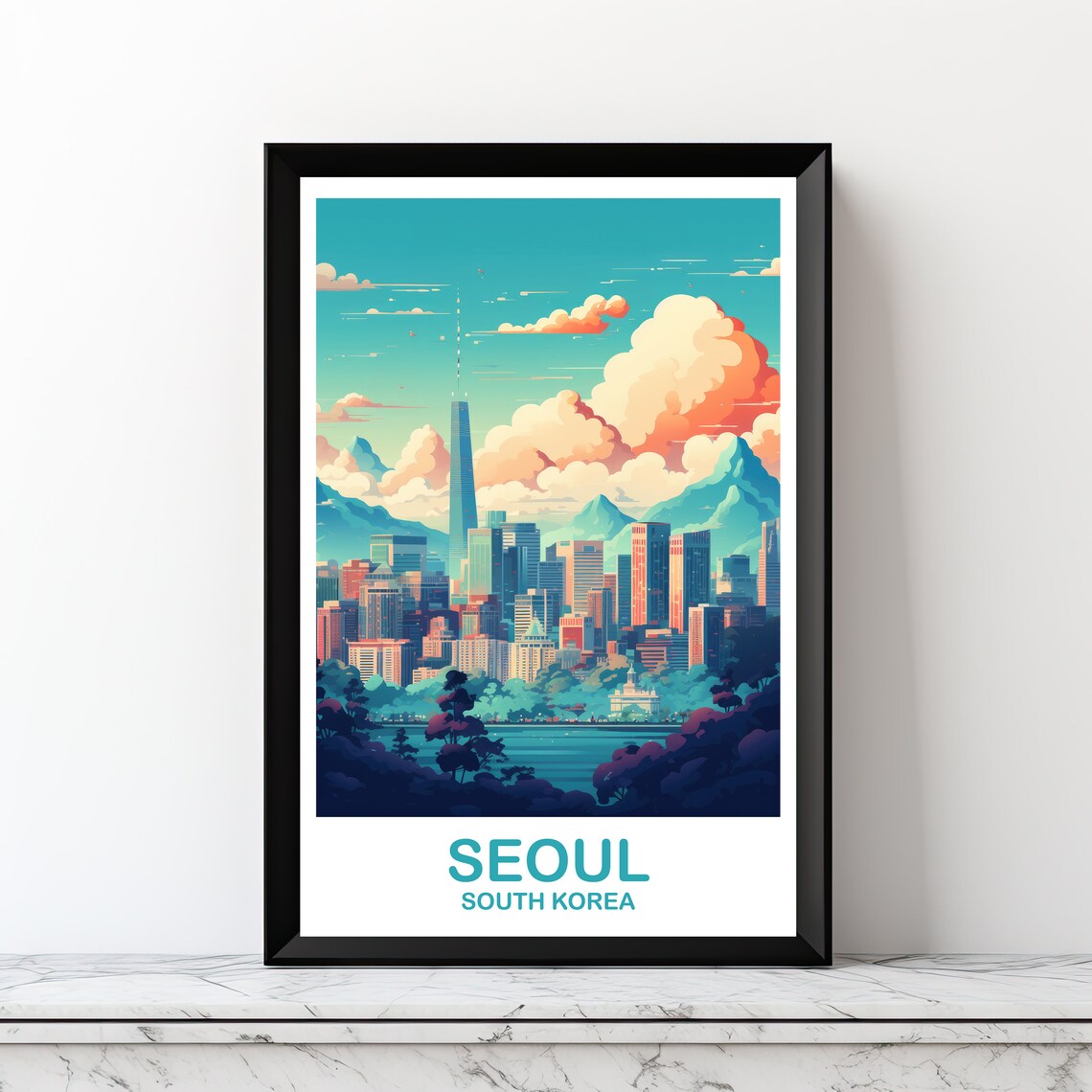 Seoul Korea Travel Poster, Skyline Wall Art Print