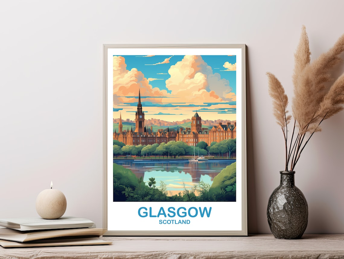 Glasgow Scotland Riverside City Skyline Sunset Travel Art Poster - Image 3