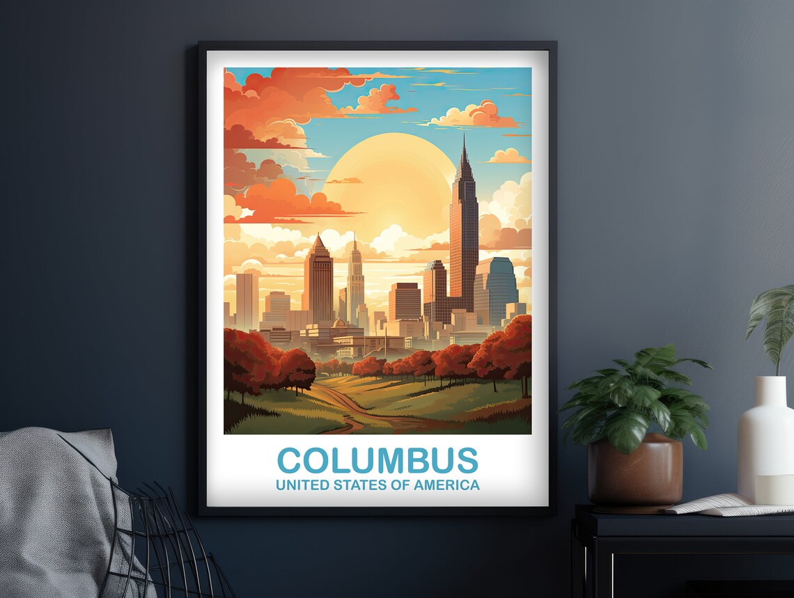 Columbus Ohio Sunset Skyline Red Trees Retro Travel Art Poster - Image 3