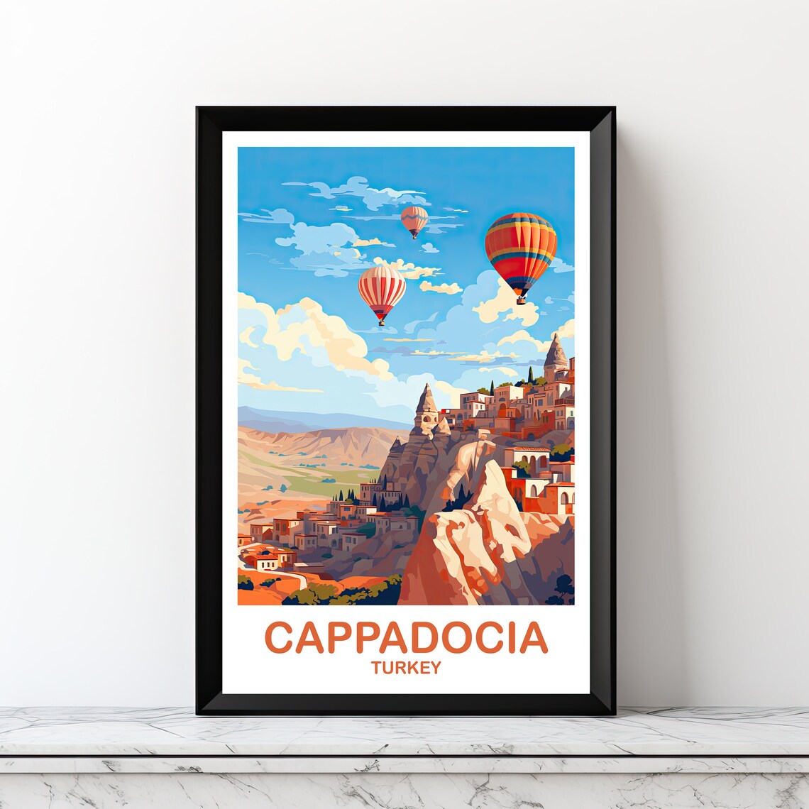 Cappadocia Turkey Hot Air Balloons Vintage Style Travel Art Poster