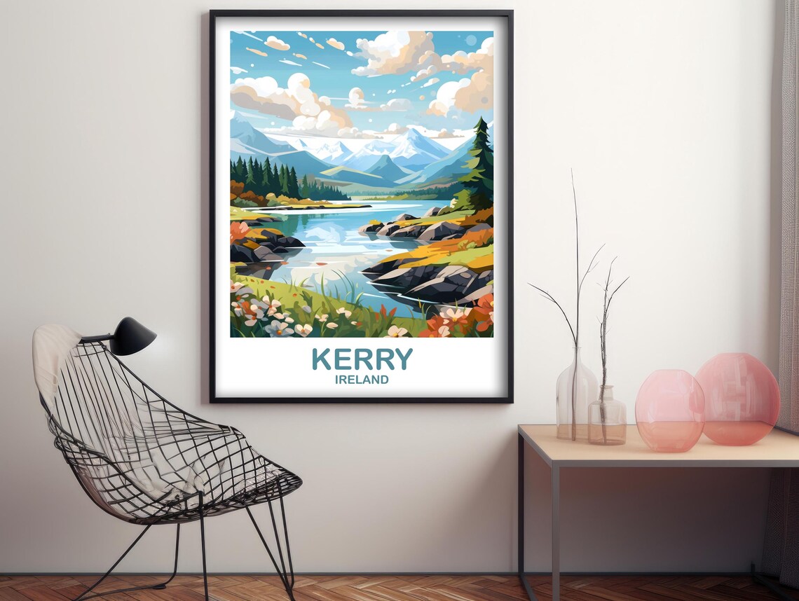 Kerry Ireland Lake and Mountain Travel Poster With Wildflower Foreground