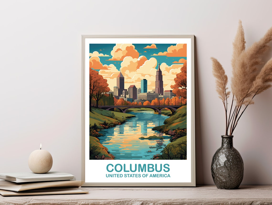 Columbus Ohio River Bridge Skyline Sunset Vintage Travel Poster - Image 3