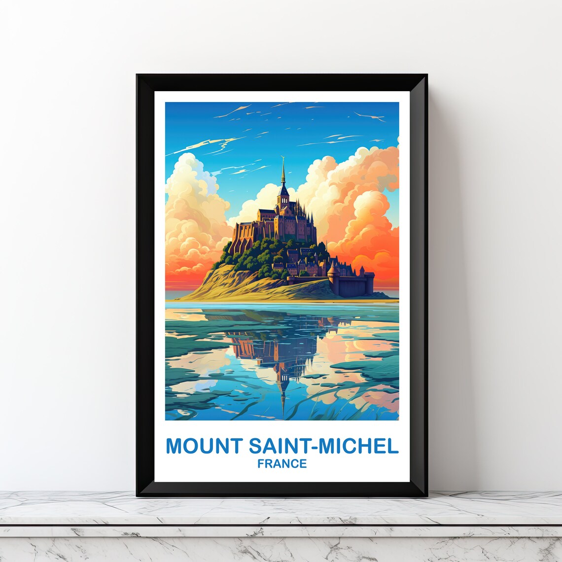 Mont Saint Michel France Abbey Island Reflection Travel Art Poster