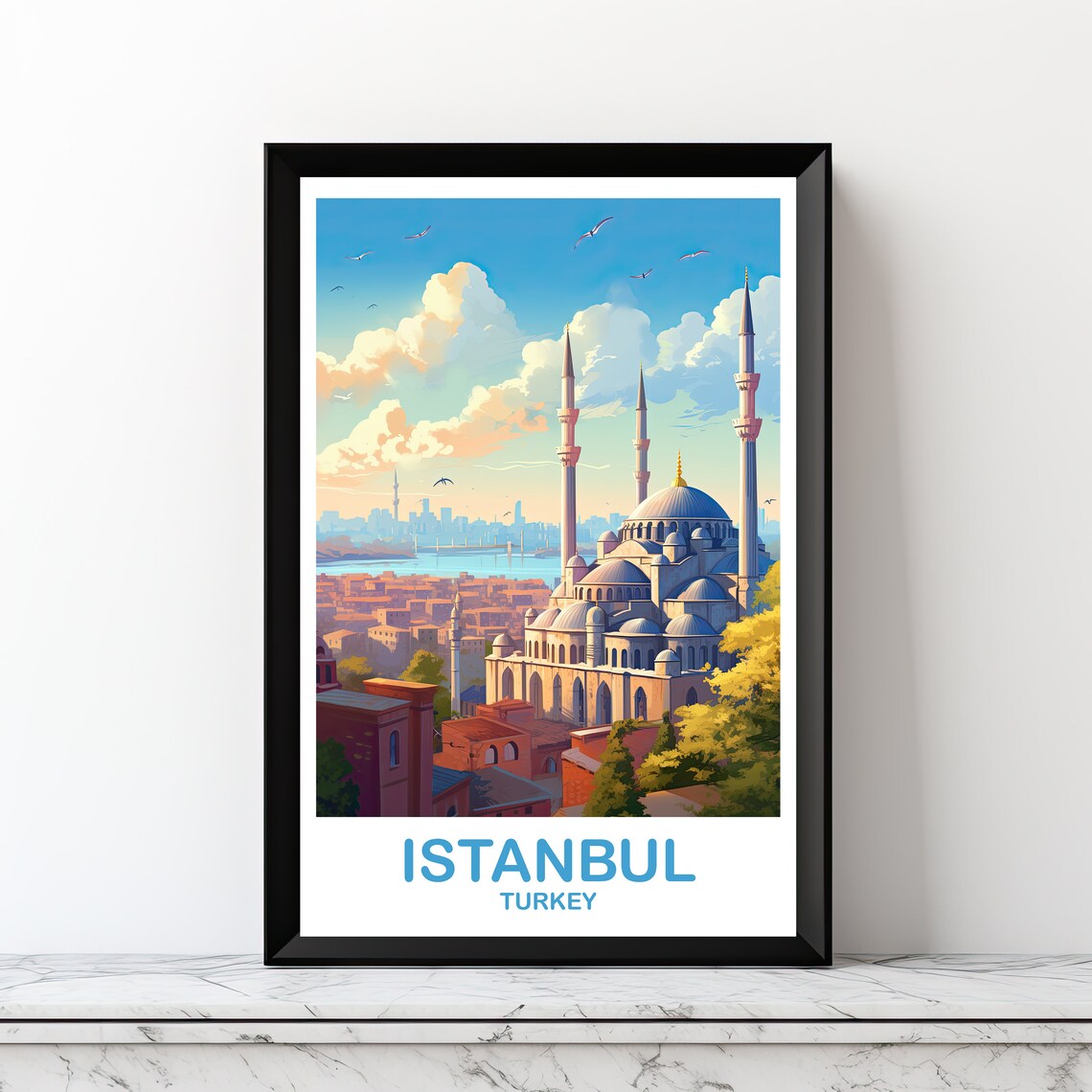 Istanbul Turkey Blue Mosque Skyline Vintage Style Travel Art Poster