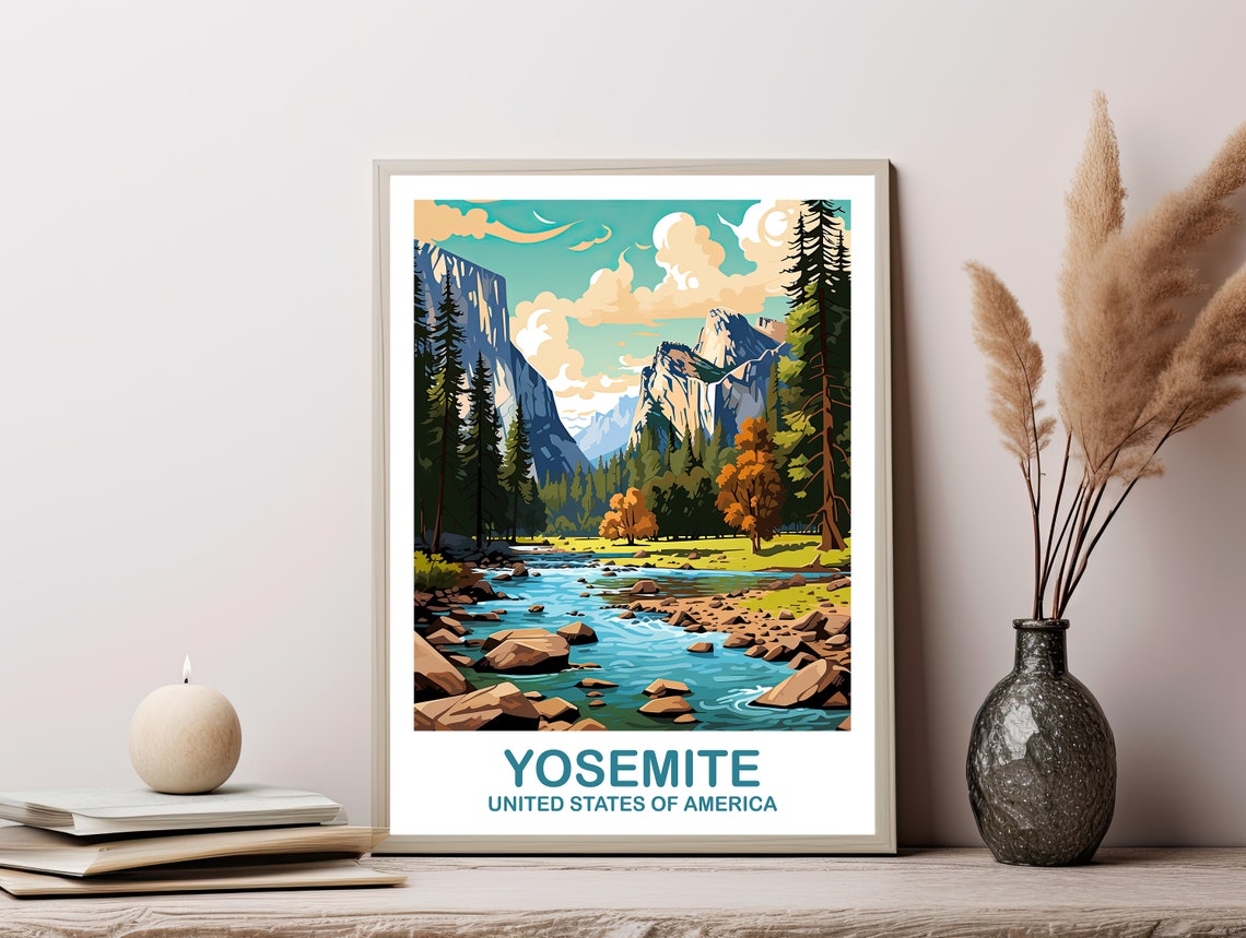 Yosemite National Park Valley River Granite Cliffs Vintage Art Poster - Image 3
