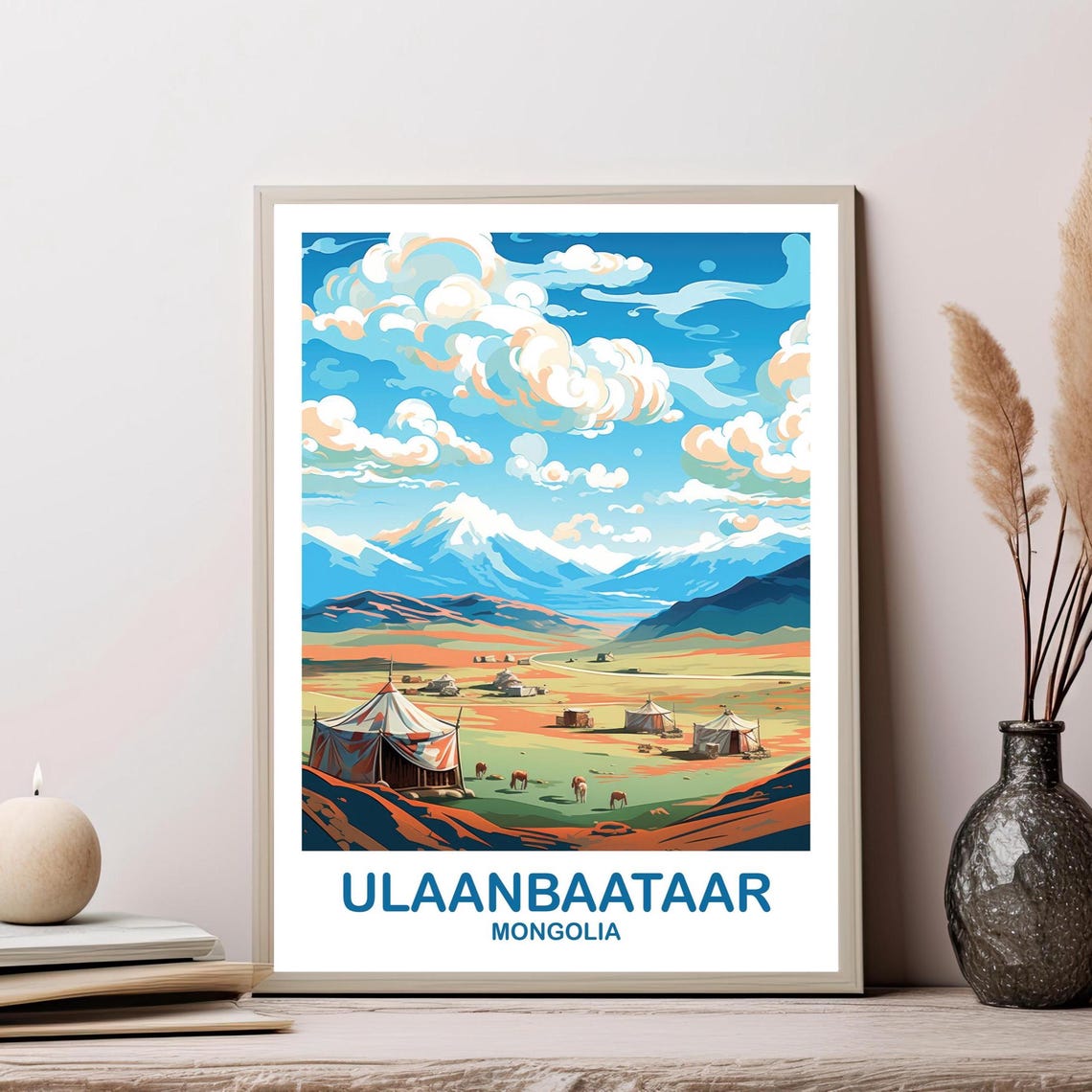 Ulaanbaataar Mongolia Ger Camp Steppe Mountain Vintage Travel Poster