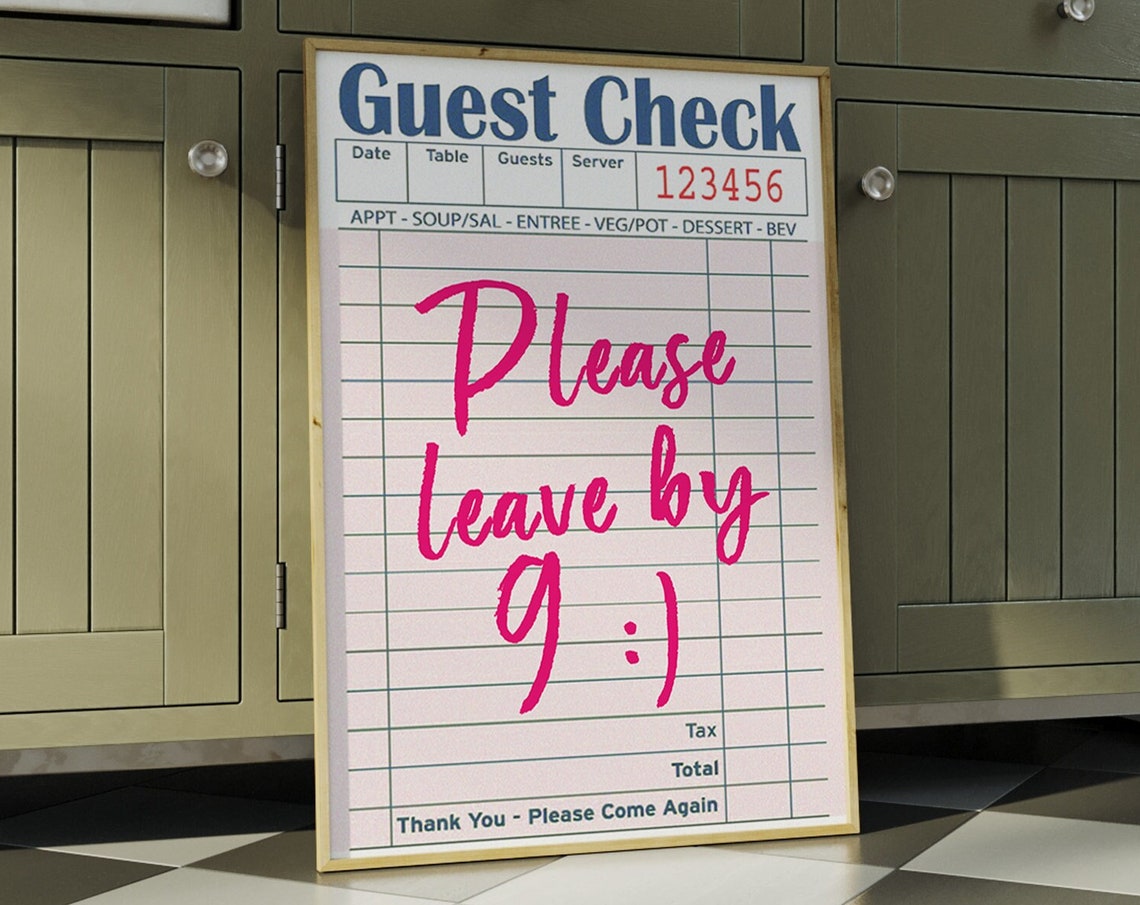 Please Leave By Nine Guest Check Pink Funny Kitchen Wall Art