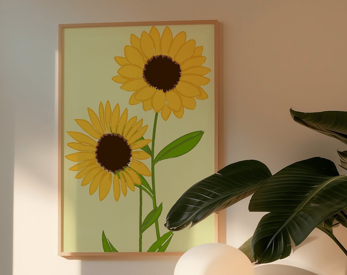 Two Large Yellow Sunflowers Green Stems Pale Botanical Poster