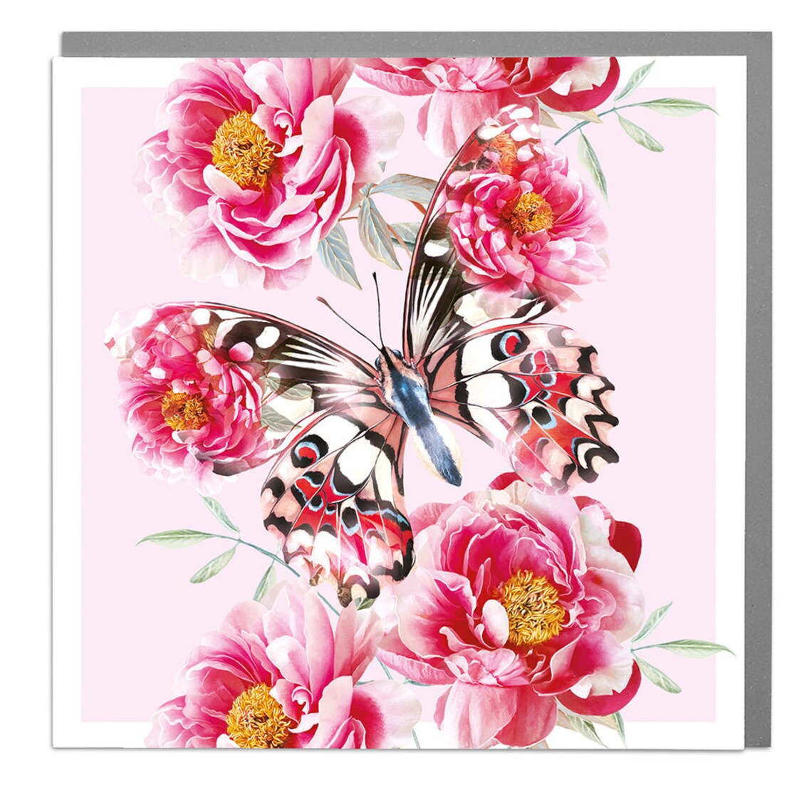 Butterfly With Peonies, Art Card By Lola Design