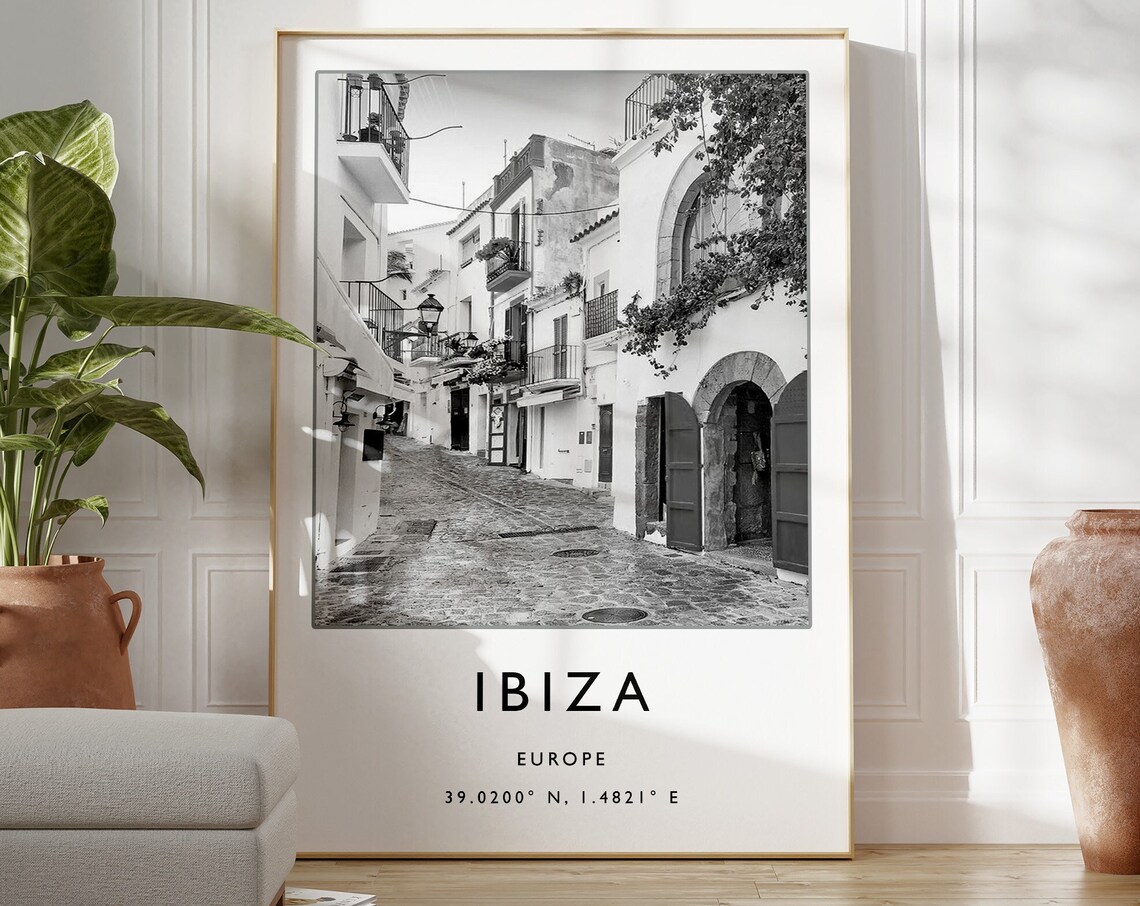 Ibiza Black and White Travel Poster, Spain Art